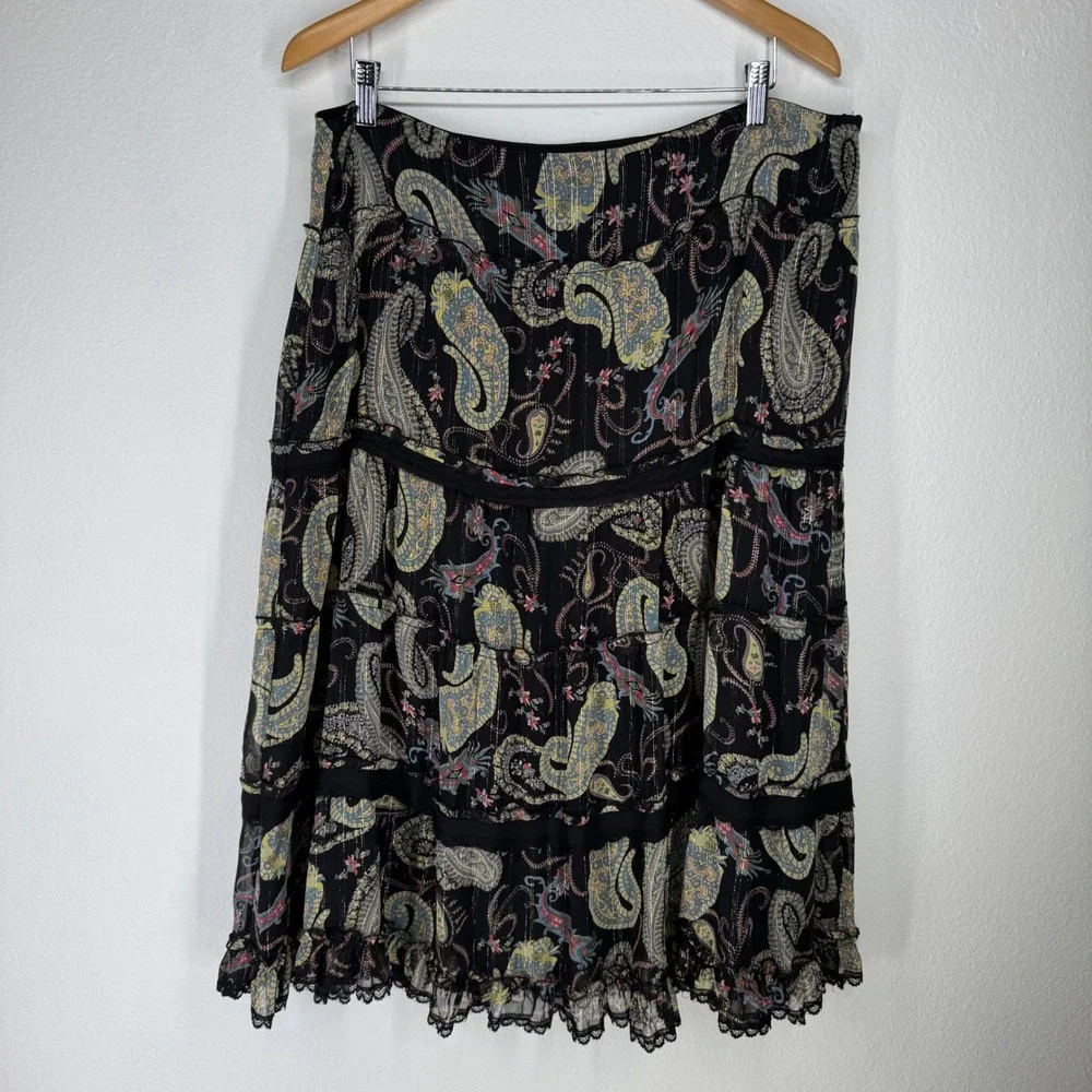Vintage Paisley Tiered Midi Skirt‎ Lace Trim Metallic XL Petite  Whimsigoth Boho